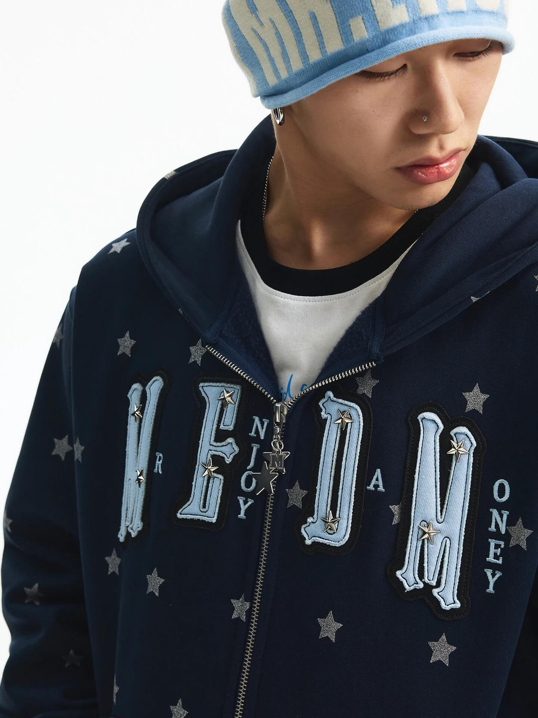 MEDM All Over Glitter Star Print Logo Patch Zip Up Hoodie | Face 3 Face