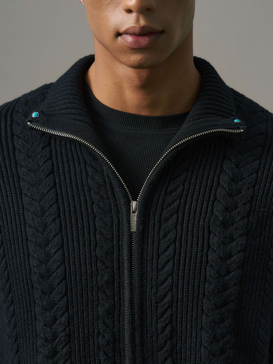 S45 Turquoise Studded Twisted Knit Zip Up Cardigan | Face 3 Face