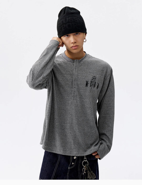 MEDM Rose Embroidered Striped Henley Long Sleeve Tee | Face 3 Face