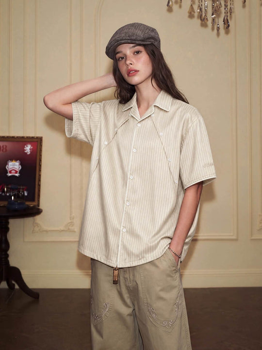 YADcrew Shiny Satin Striped Short Sleeve Shirt | Face 3 Face