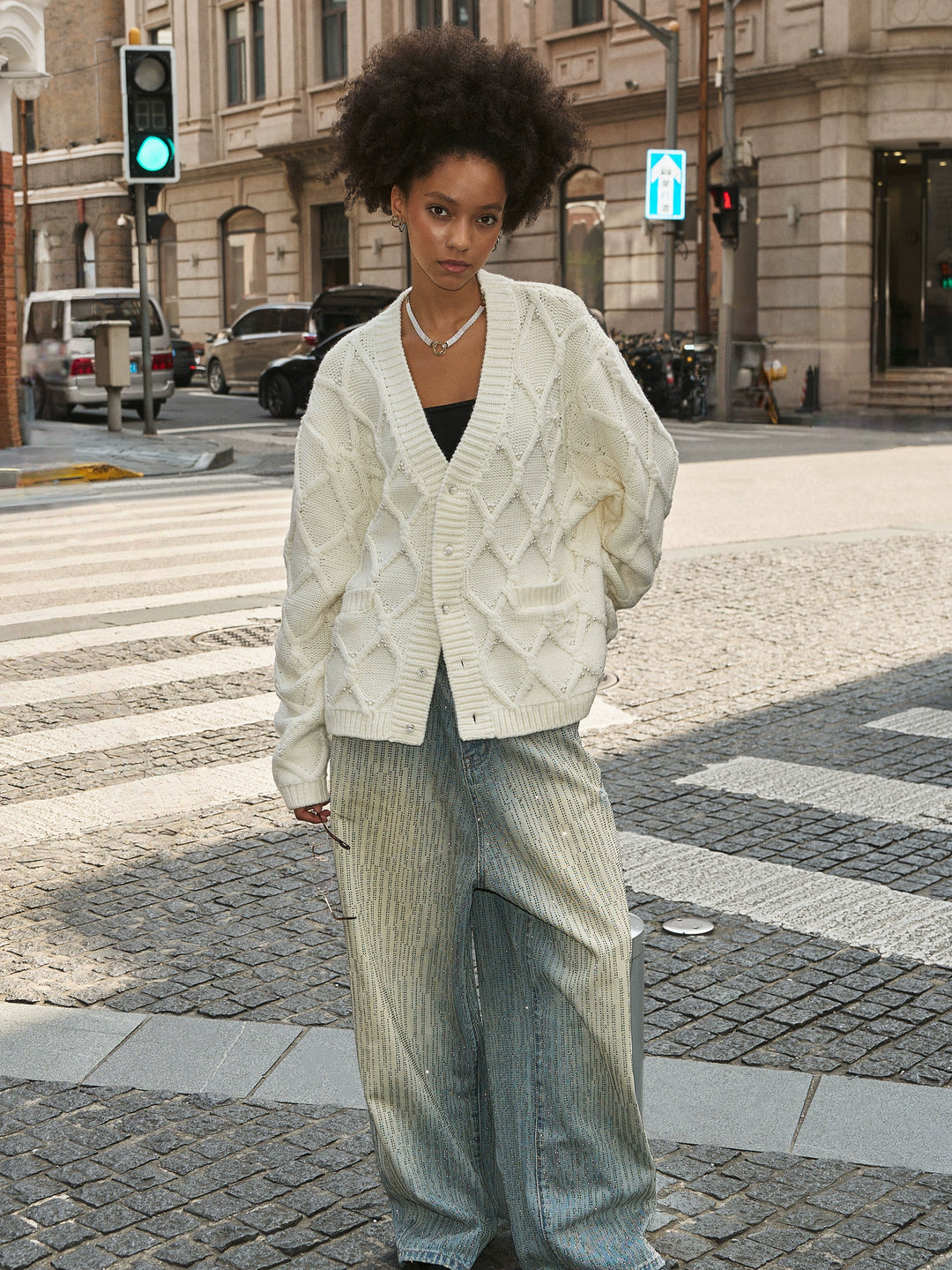 STEEPC Wool Blend Diamond Cable Knit Pearl Cardigan | Face 3 Face