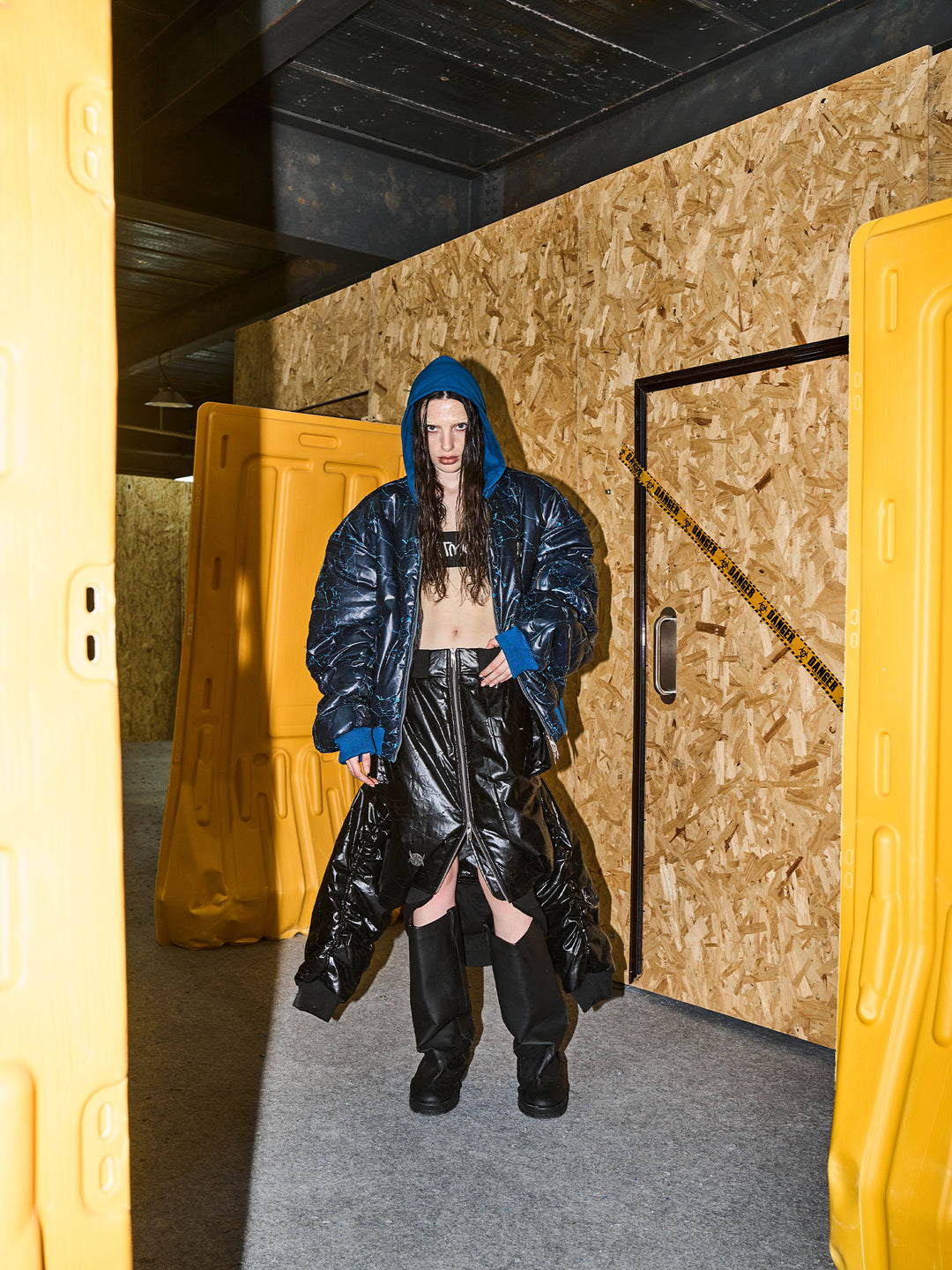 BLIND NO PLAN Crackle-Textured Hooded Bomber Jacket | Face 3 Face