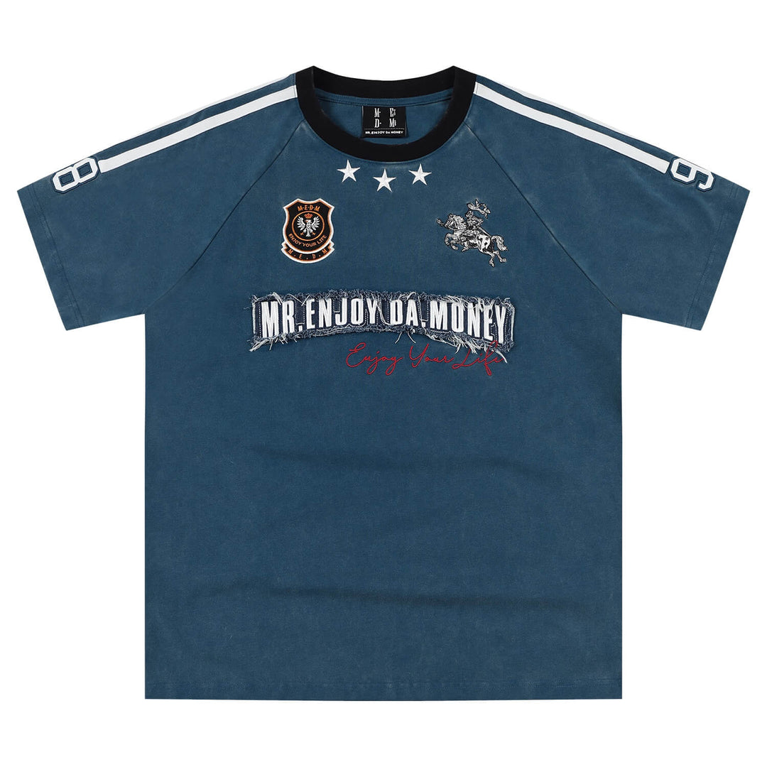 MEDM Distressed Denim Logo Patch Washed Short Sleeve Tee | Face 3 Face