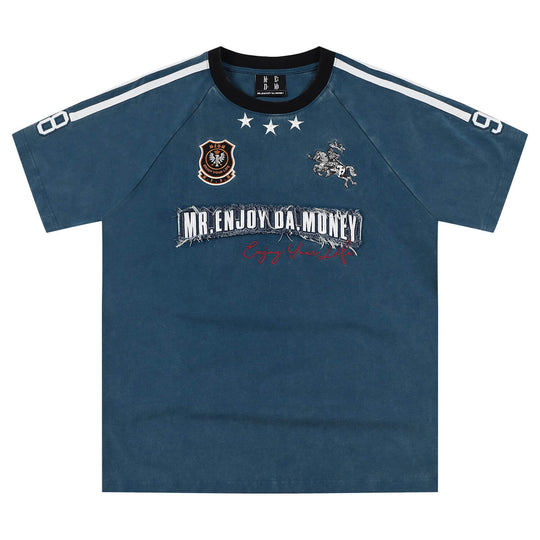 MEDM Distressed Denim Logo Patch Washed Short Sleeve Tee | Face 3 Face