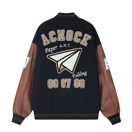 Baseball Jacket | Achock Airplane Embroidery Leather Baseball Jacket | Face 3 Face
