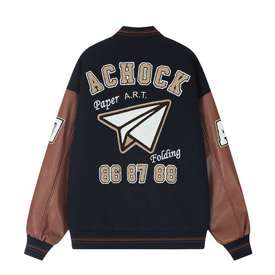 Achock Airplane Embroidery Leather Baseball Jacket