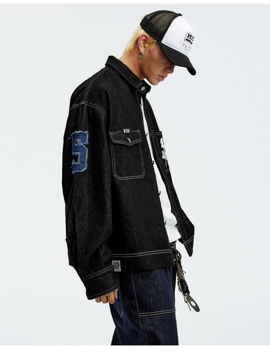 MEDM Embroidered Logo Patch Denim Jacket | Face 3 Face