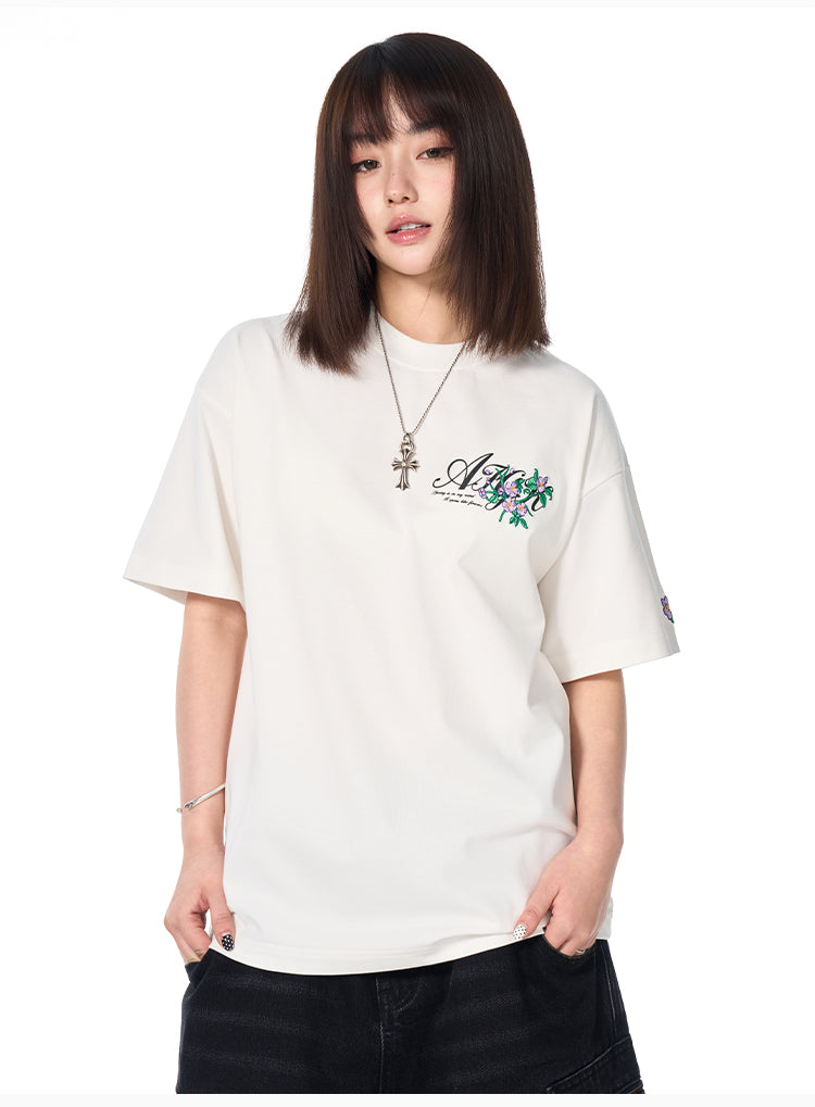 AFGK Flower Embroidered Logo Print Tee | Face 3 Face