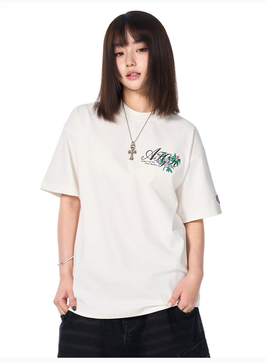 AFGK Flower Embroidered Logo Print Tee | Face 3 Face