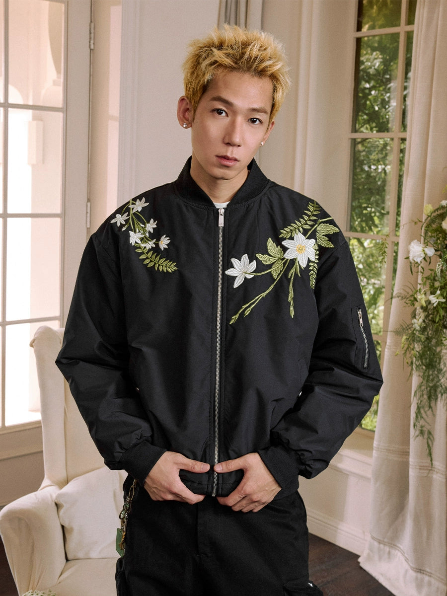 Harsh and Cruel Floral Text Embroidered Bomber Jacket | Face 3 Face