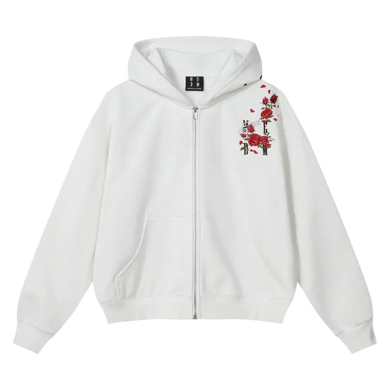 MEDM Rose Embroidered Zip Up Hoodie | Face 3 Face