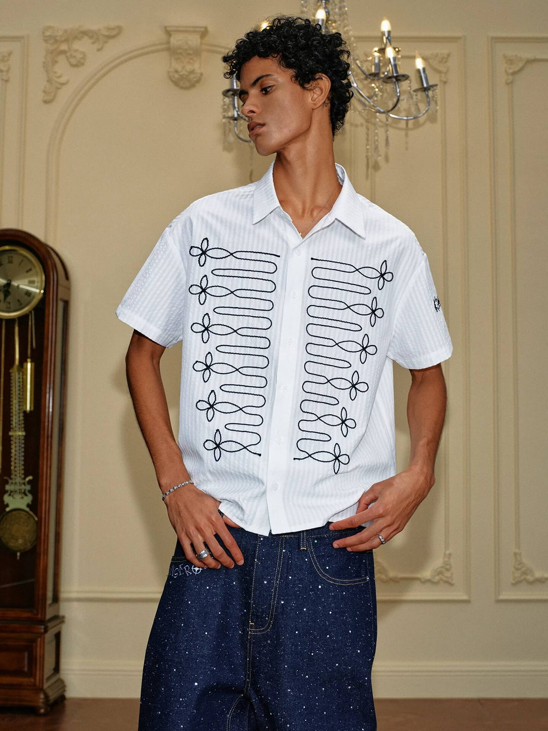 YADcrew Braid Embroidered Striped Seersucker Short Sleeve Shirt | Face 3 Face