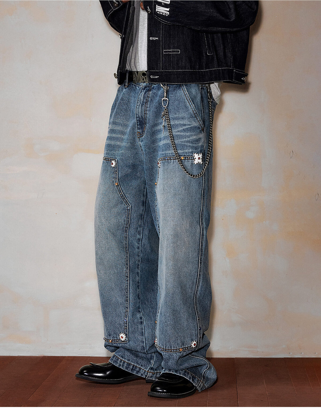 MEDM Gemstone Studded Double Knee Washed Jeans | Face 3 Face