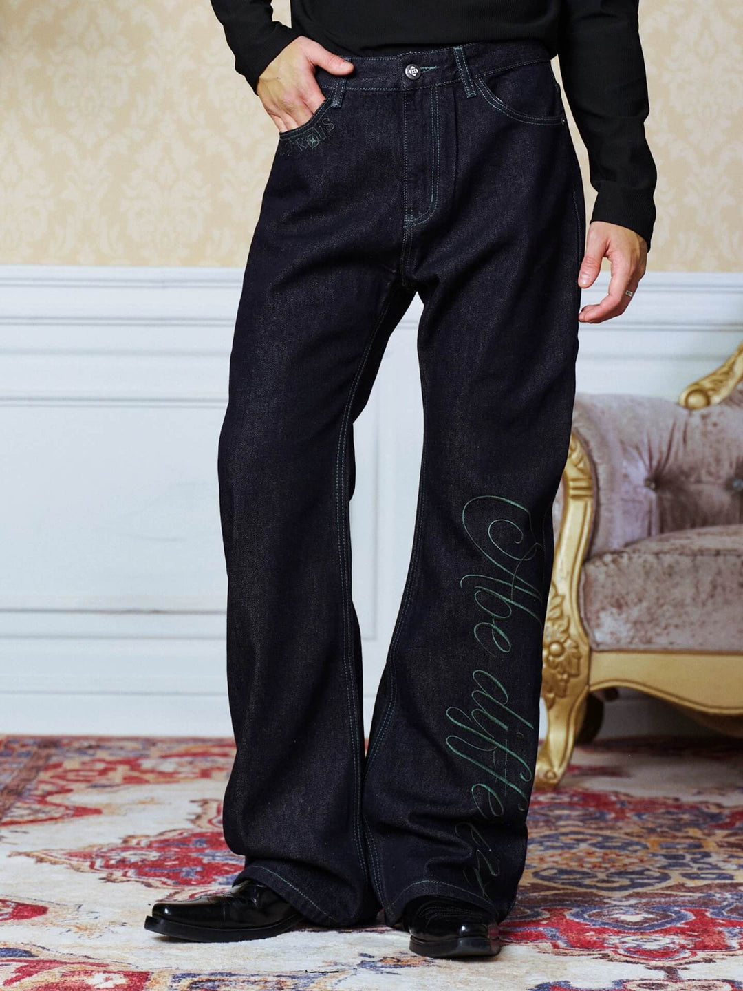 YADcrew Green Stitch and 3D Embroidered Jeans | Face 3 Face