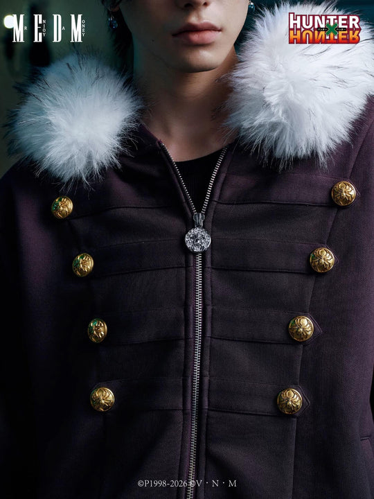MEDM × HUNTER×HUNTER Kuroro Inverted Cross Patch Faux Fur Hood Zip Up Hoodie
