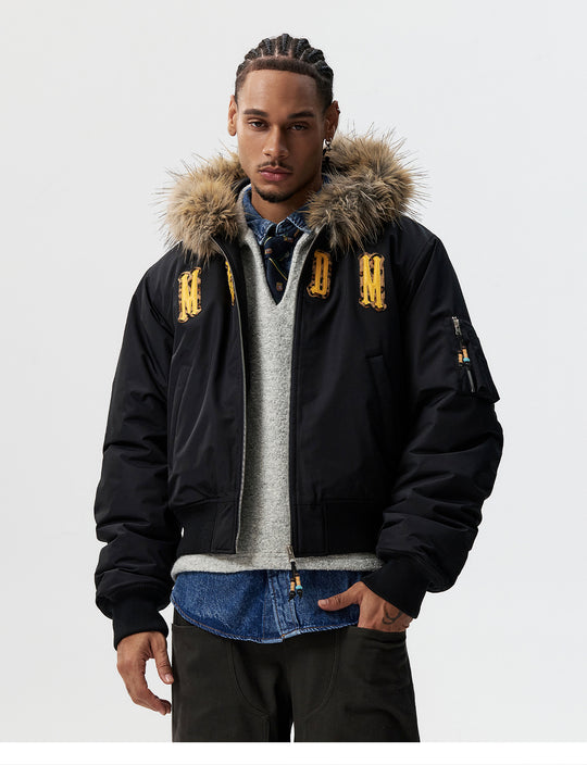 MEDM Animal Logo Patch Fur Hooded Bomber Jacket | Face 3 Face