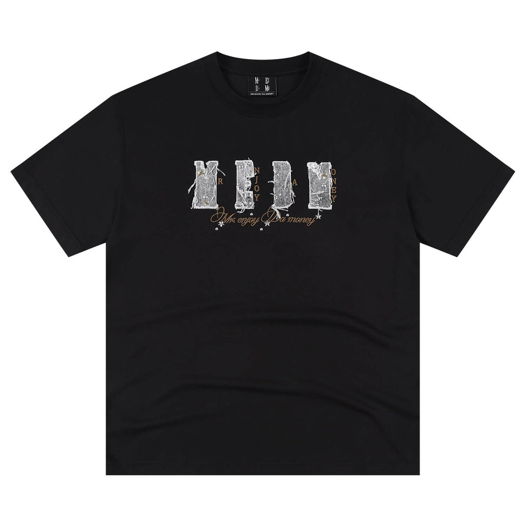 MEDM Distressed Denim Logo Patch Studded Short Sleeve Tee | Face 3 Face