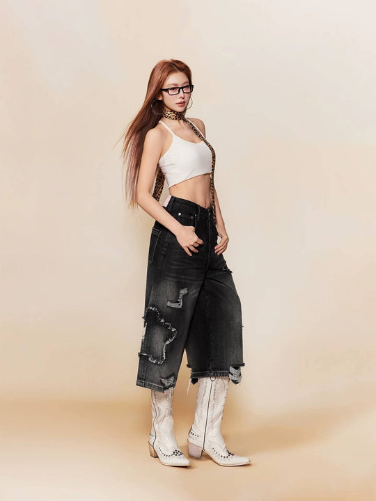 1807 Star Patch Washed Distressed Denim Cropped Shorts | Face 3 Face
