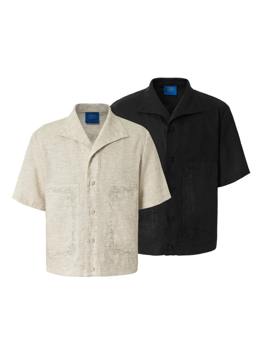 YADcrew Linen Blend Embroidered Short Sleeve Shirt | Face 3 Face