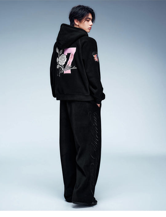 MEDM Rose Embroidered Patch Zip Up Fleece Hoodie | Face 3 Face