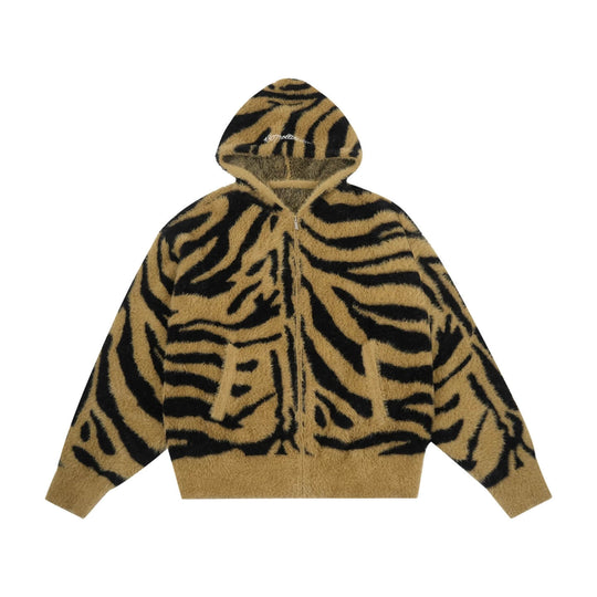 1807 Tiger Striped Faux Mink Fur Knit Zip Up Hoodie | Face 3 Face