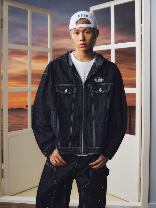 MEDM Embroidered Patch Hooded Zip Up Denim Jacket | Face 3 Face