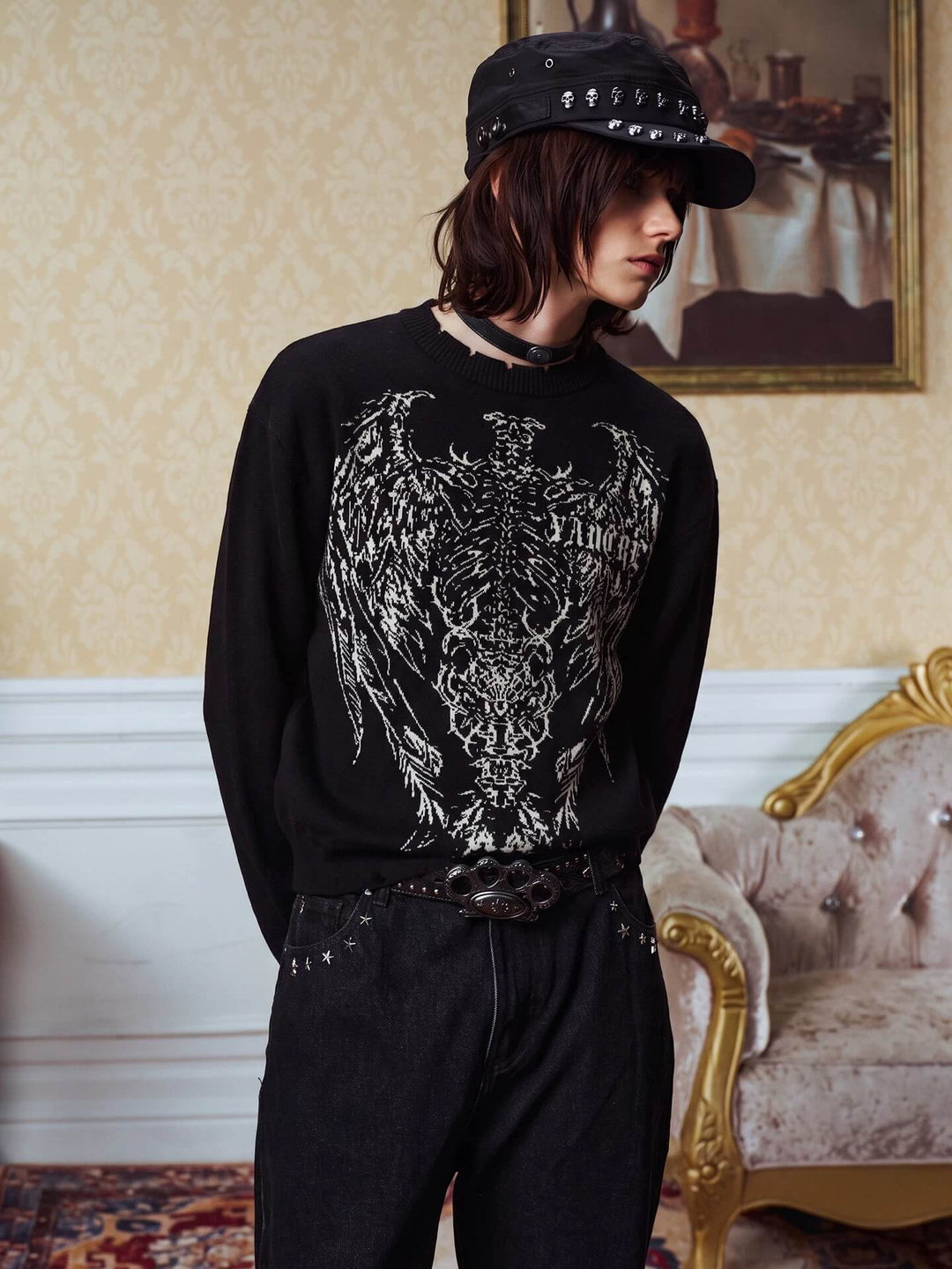 YADcrew Winged Skeleton Print Distressed Knit Sweater | Face 3 Face