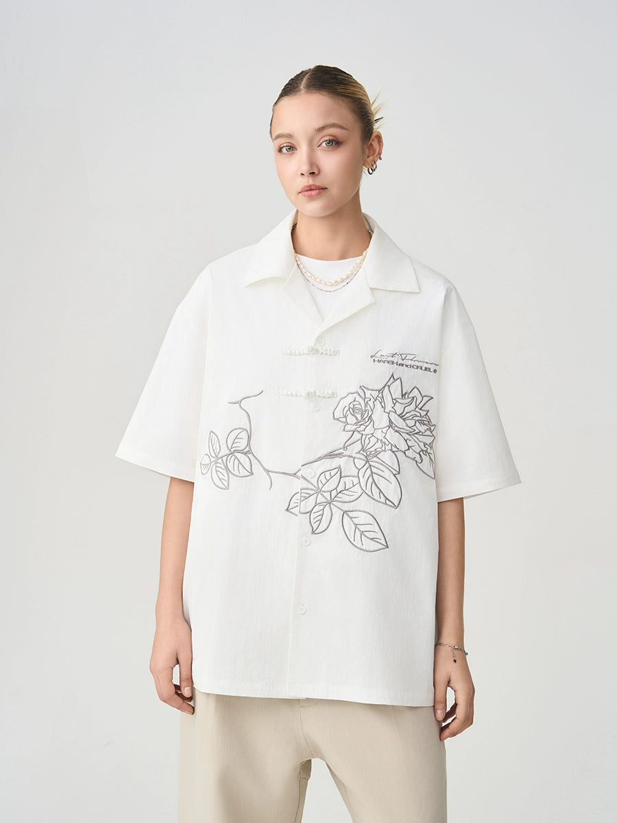 Harsh and Cruel Rose Patches Embroidered Cuban Shirt