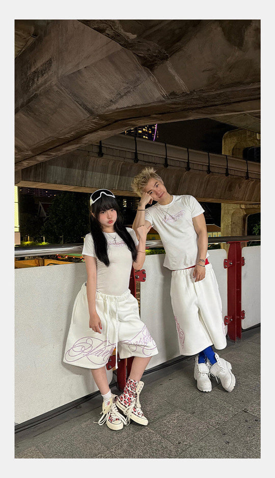 KARMANISTIC 3D Letter Embroidered Baggy Sweat Shorts | Face 3 Face