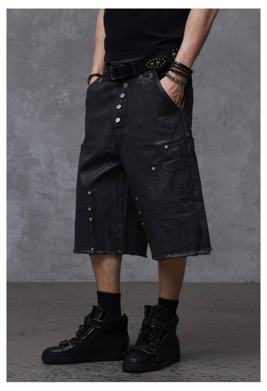ANTIDOTE Brushed Waxed Studded Double Knee Cutoff Baggy Shorts | Face 3 Face