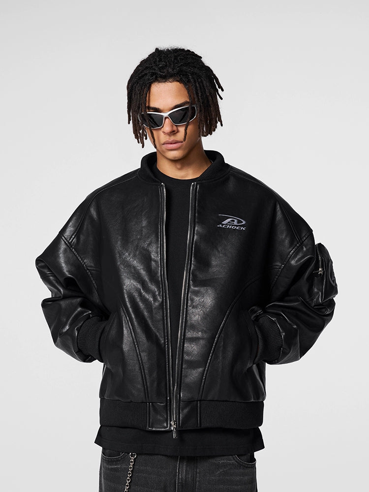 Achock Sleeve Pocket Leather Motorcycle Jacket | Face 3 Face