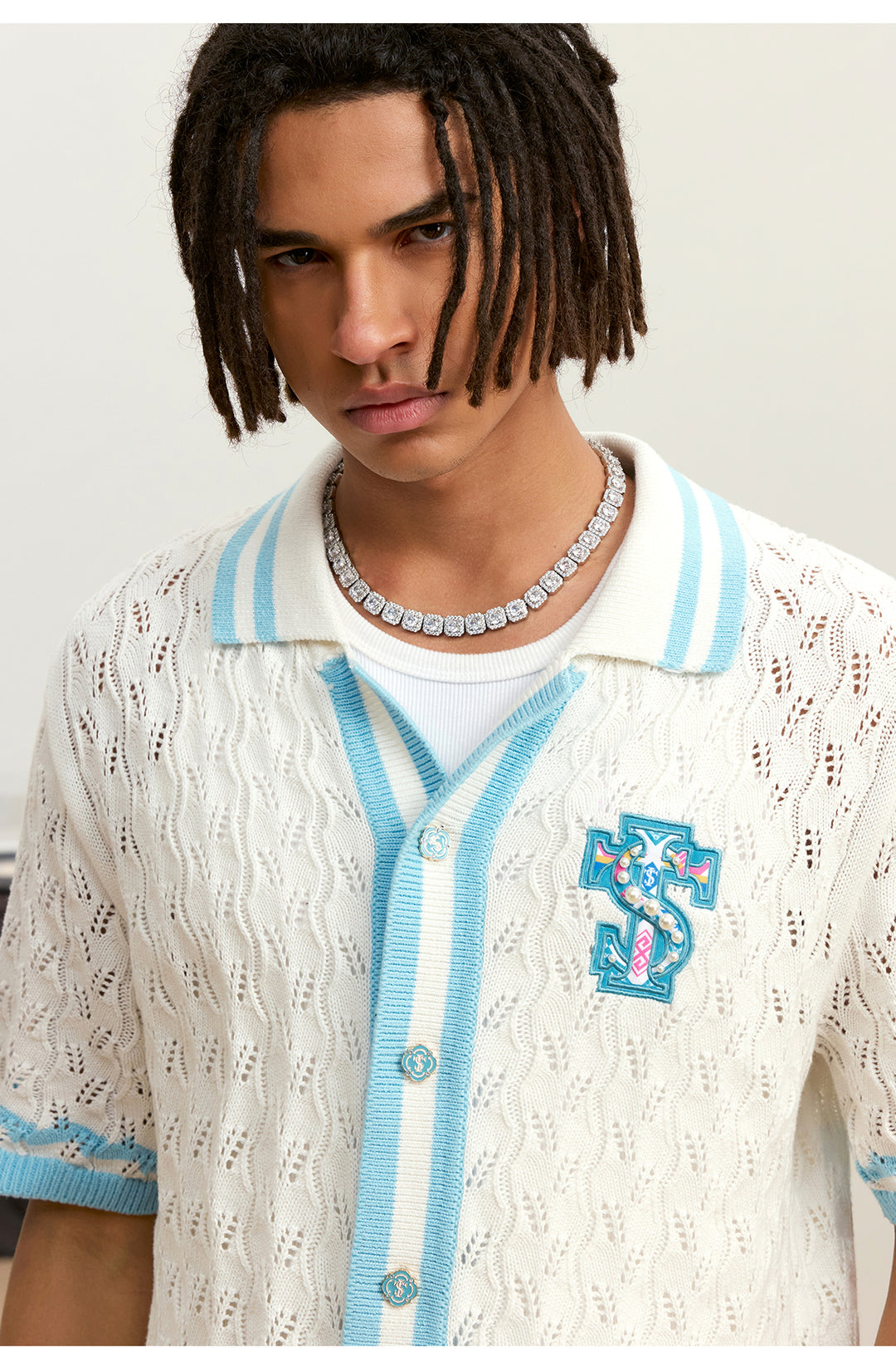 Small Town Kid Ethnic Logo Patch Crochet Knit Hawaiian Shirt | Face 3 Face