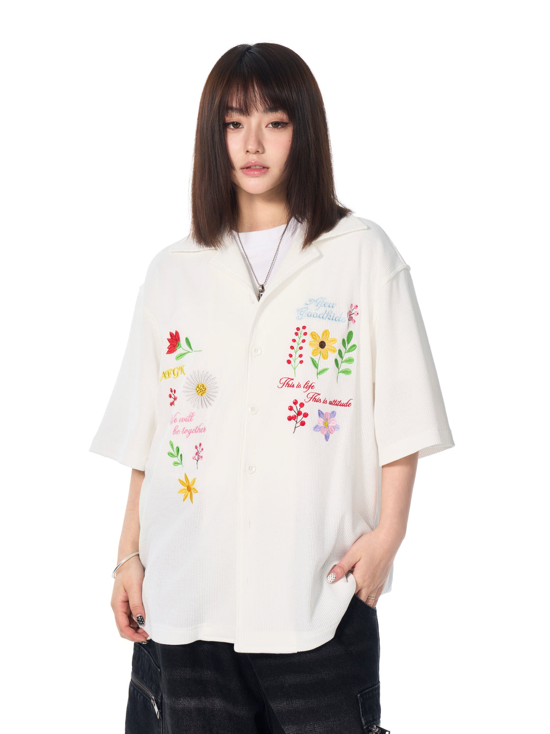AFGK Floral Embroidered Waffle Short Sleeve Shirt | Face 3 Face
