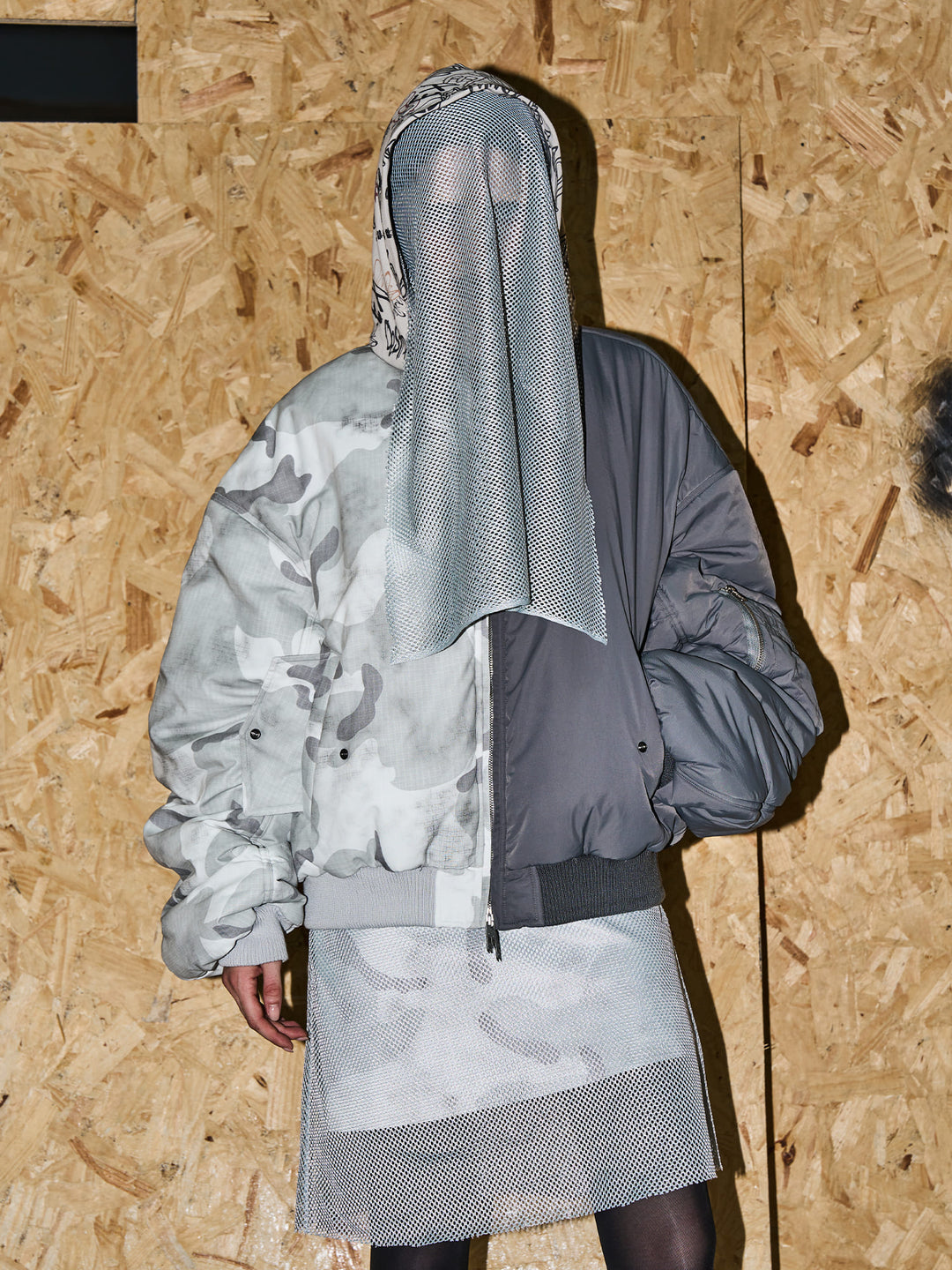 BLIND NO PLAN Graffiti Print Hooded Mixed Fabrics MA-1 Bomber Jacket | Face 3 Face