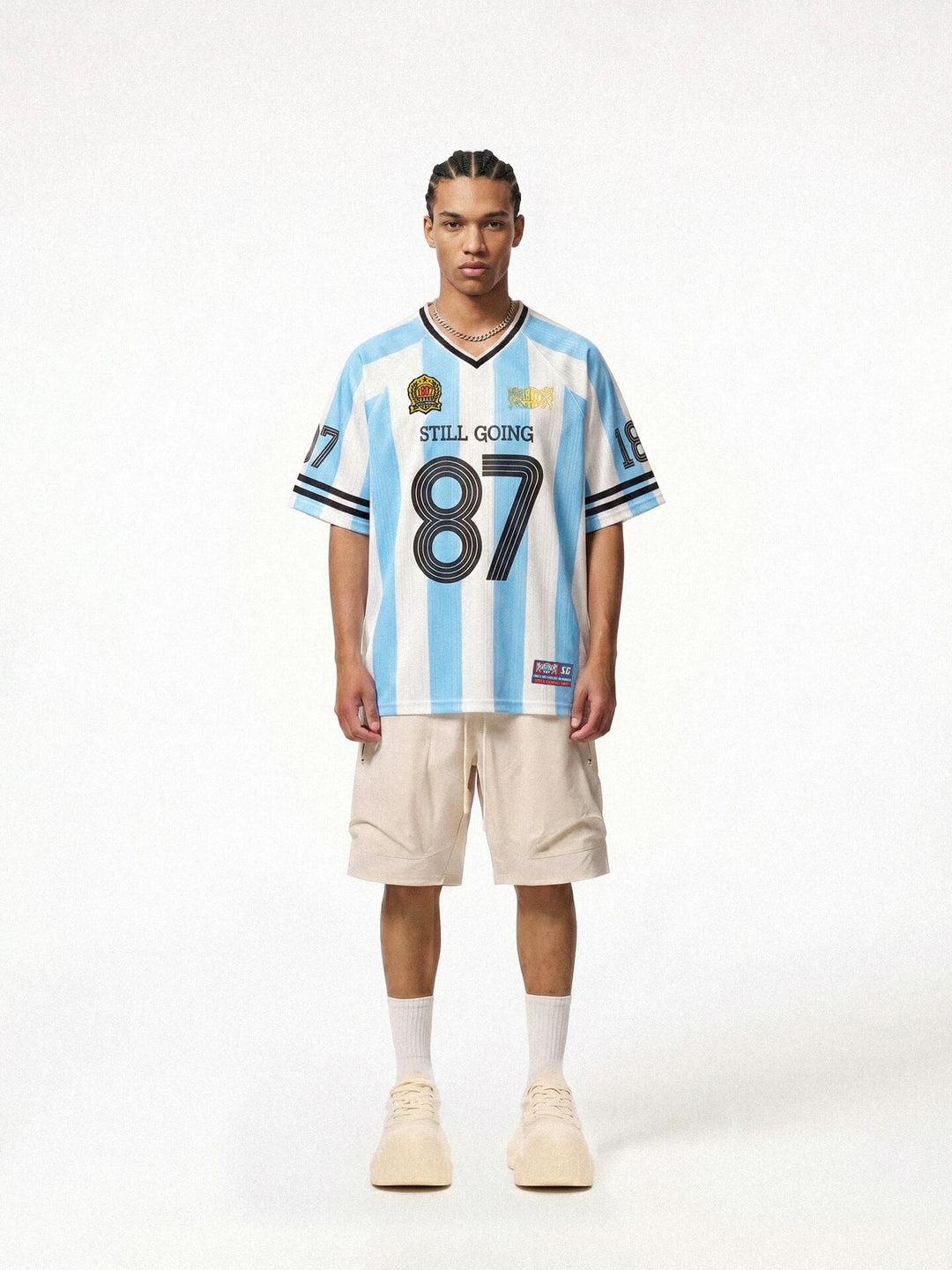 1807 Patterned Fabric Stripe Print Short Sleeve Soccer Jersey | Face 3 Face