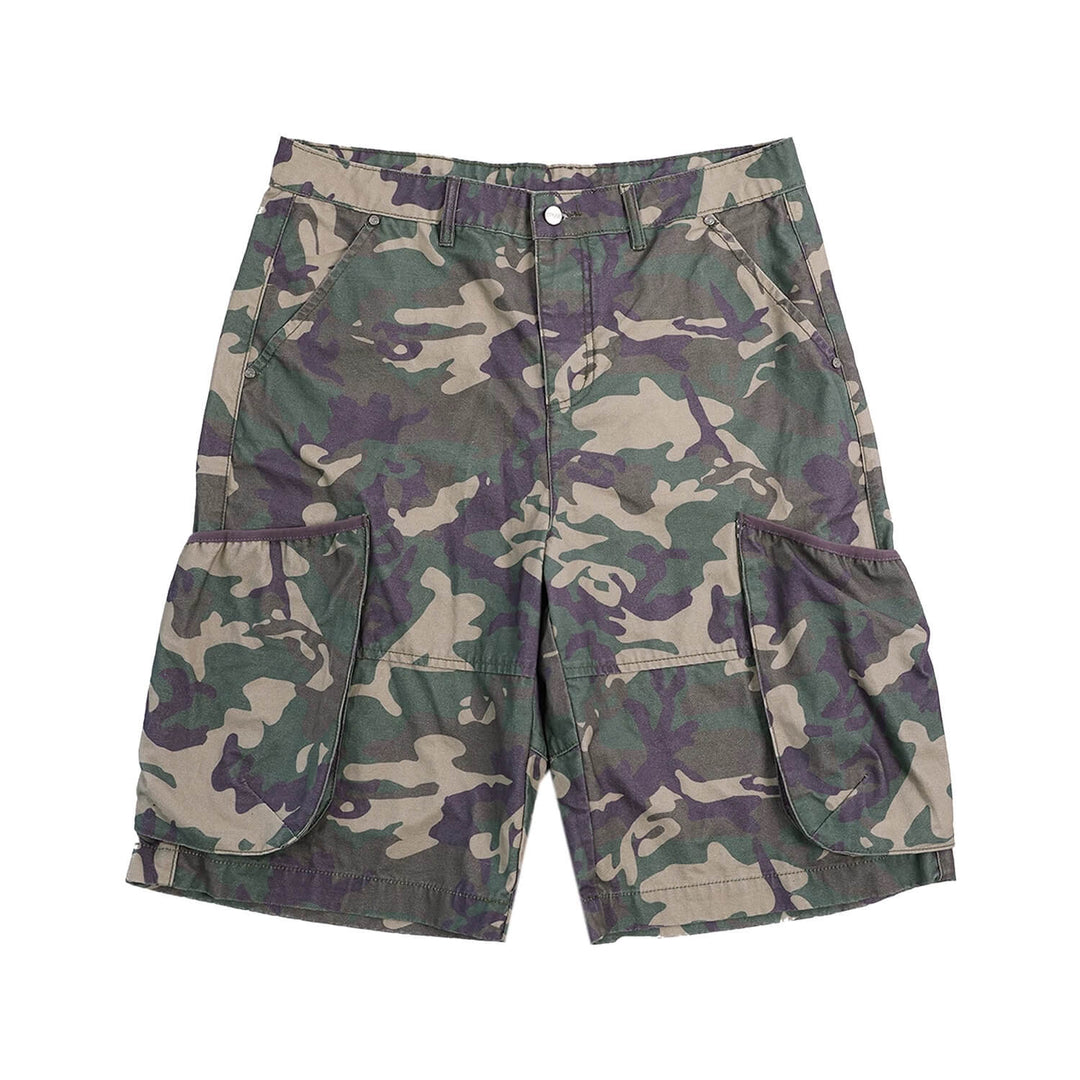 S45 Camouflage Distressed Large Cargo Pocket Baggy Shorts | Face 3 Face