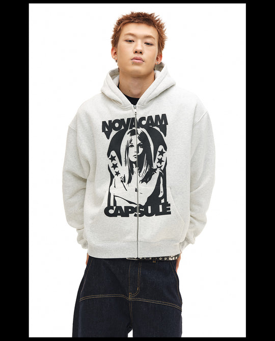 NOVACAM Vintage Print Zip Up Hoodie | Face 3 Face
