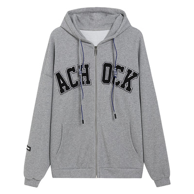 Achock Zipper Drawstring Letter Embroidered Hoodie