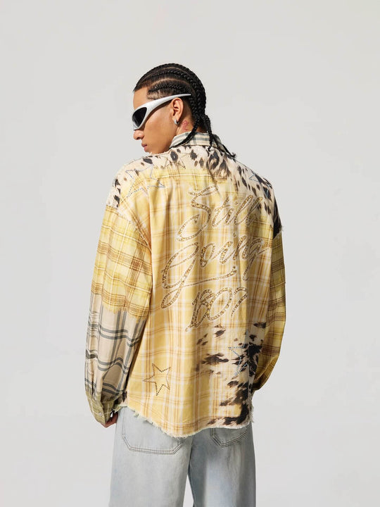 1807 Patchwork Print Plaid Rhinestone Long Sleeve Shirt | Face 3 Face