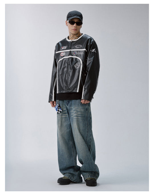 F2CE Striped Panel PU Leather Racing Jacket | Face 3 Face