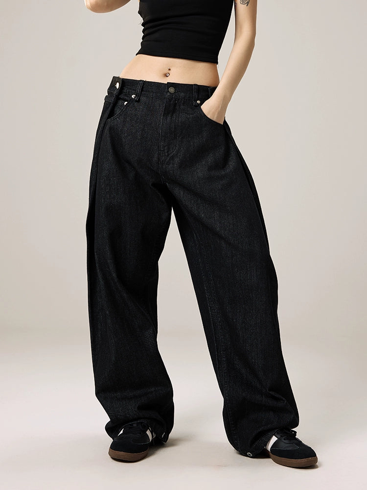 Remedy Waist Button Black Baggy Jeans | Face 3 Face