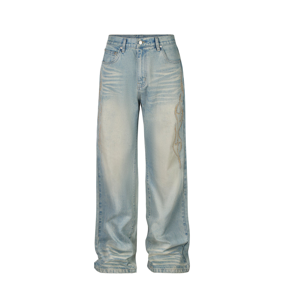 S45 Flame Sequined Embroidery Washed Jeans | Face 3 Face