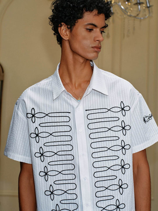 YADcrew Braid Embroidered Striped Seersucker Short Sleeve Shirt | Face 3 Face