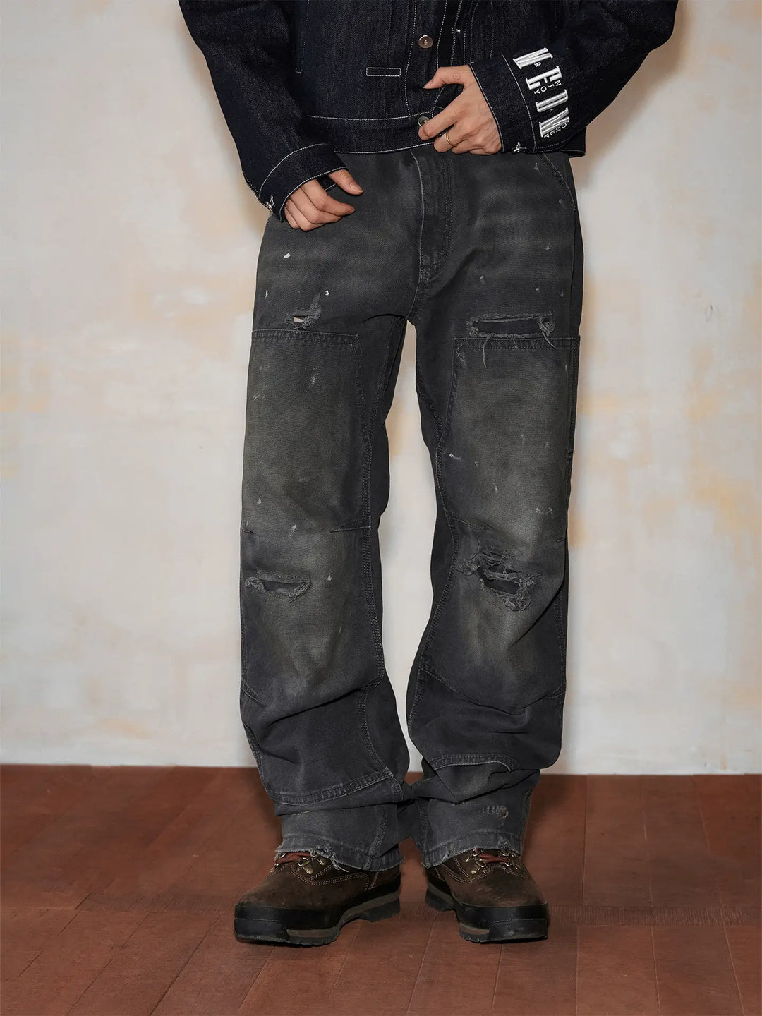 MEDM Double Knee Broken Hole Washed Painter Pants | Face 3 Face