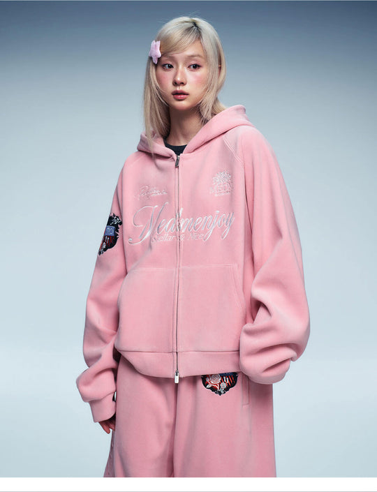 MEDM Rose Embroidered Patch Zip Up Fleece Hoodie | Face 3 Face
