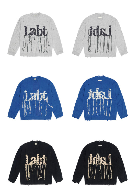 Labt Fringe Lanyard Logo Distressed Knit Sweater | Face 3 Face
