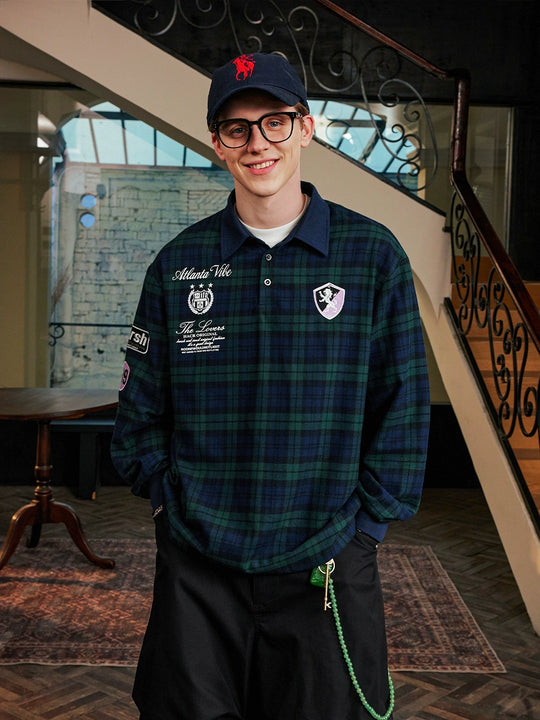 Harsh and Cruel Brushed Tartan Badge Embroidered Long Sleeve Polo | Face 3 Face