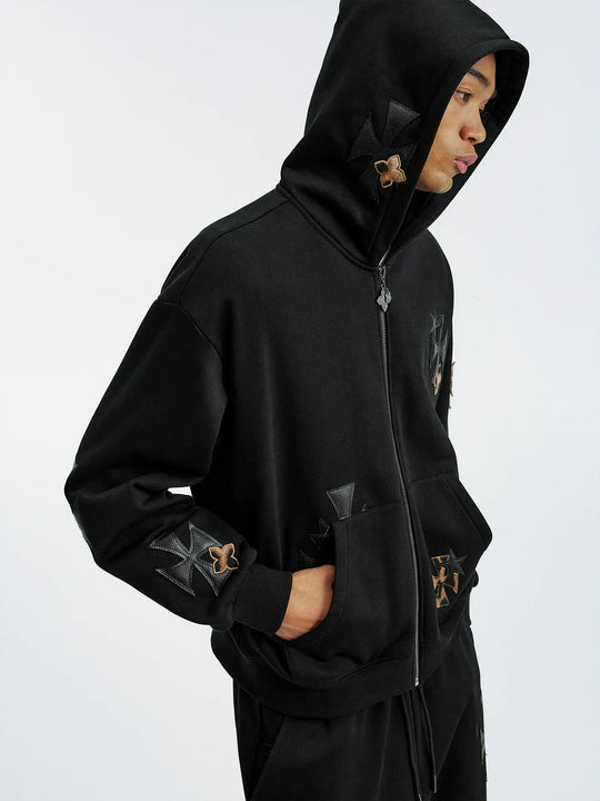 MEDM Cross Star Leather Patchwork Zip Up Hoodie | Face 3 Face