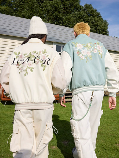 Harsh and Cruel Floral Embroidered Script Baseball Jacket | Face 3 Face