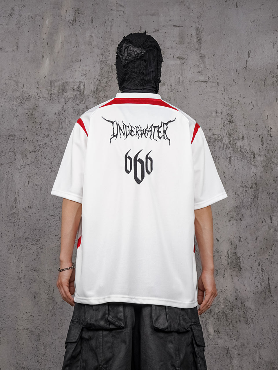 UNDERWATER White and Red Deconstructed Patchwork Embroidered Jersey Tee | Face 3 Face